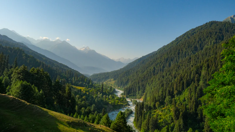 A winding river between vivid green hills and mountains in Pahalgam